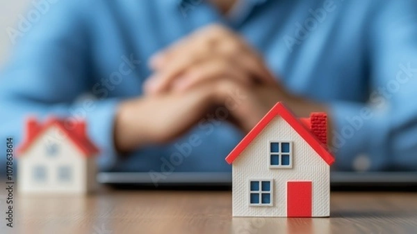 Fototapeta Real Estate Concept House Model on Table with Blurred Person in Background