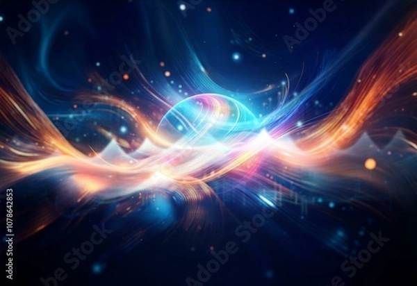 Fototapeta Abstract glowing waves in blue and orange with light dots, against dark background.