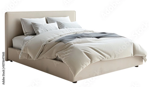 Obraz Modern Soft Bed with Plush Bedding, Elegant Textiles, Neutral Color Palette, Stylish Design, Cozy Arrangement in Contemporary Bedroom Setting, isolated transparent background