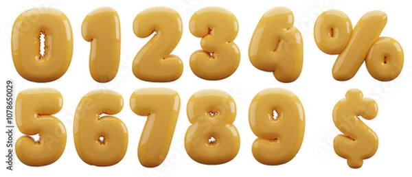 Fototapeta Set of gold 3d balloon numbers set, isolated on white background. Helium balloons. Party, sales, birthday, celebrate anniversary and wedding. Realistic design elements. Festive set isolated.