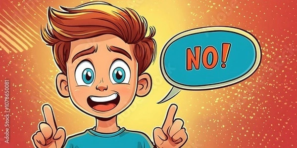 Obraz Colorful comic book-style illustration featuring a speech bubble with the words 'No' and a vibrant man pointing