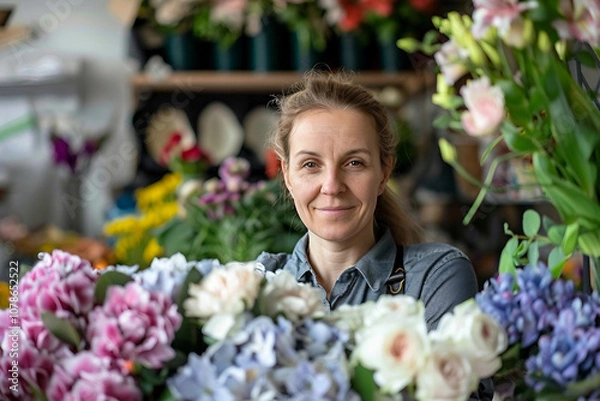 Fototapeta Generative AI Florist in Flower Store Surrounded by Blooms Bouquets Holiday gifts