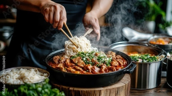 Fototapeta A steaming, spicy noodle dish featuring flavorful meat chunks being meticulously prepared by a chef using chopsticks, creating a culinary delight in a lively kitchen.