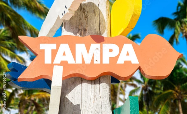 Fototapeta Tampa signpost with palm trees