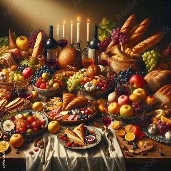 Fototapeta Renaissance Style Feast A food spread painted in the style of Re