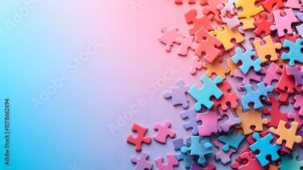 Fototapeta Scattered pastel jigsaw puzzle pieces arranged on soft blue background, creating minimal composition that symbolizes business solutions and modern design aesthetic.