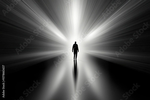 Fototapeta A solitary figure stands at the end of a brightly lit path, radiating beams of light that create a powerful contrast against the surrounding darkness in a captivating atmosphere of hope