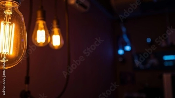 Fototapeta Conceptual Edison bulb with glowing filament on soft pastel background, retro, lighting