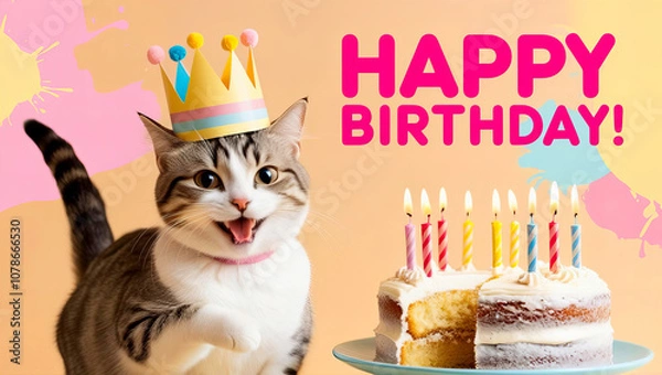 Obraz A Cat's Birthday Party: A festive and colorful image of a cat celebrating its birthday with cake and a party hat. Happy Birthday. 2