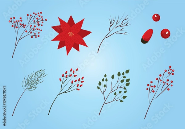 Fototapeta Set of decorative vector winter floral elements. Christmas and new year design kit