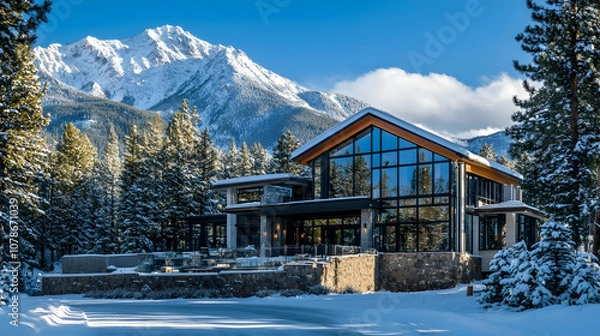 Obraz Aspen mountain contemporary with dramatic peak views and private ski access, glass and steel Colorado alpine estate