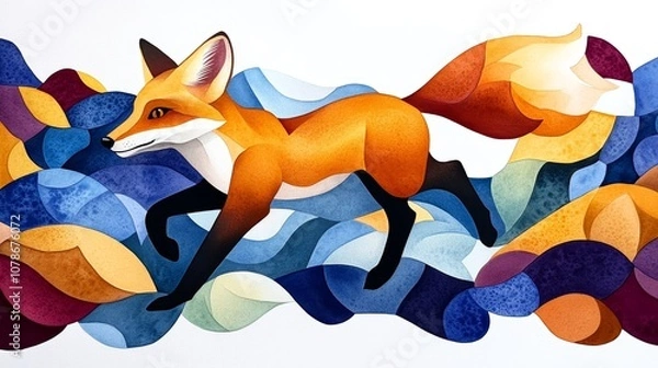 Fototapeta Abstract Watercolor Fox Running on Colorful Clouds Wildlife Art Print