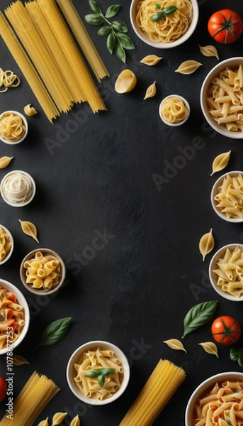 Fototapeta Variety of uncooked pasta forming frame on black background