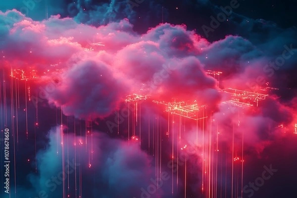 Fototapeta Colorful neon cloud frame on a dark star background, abstract illustration.