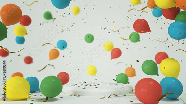 Fototapeta Colorful balloons party festive podium for product presentation platform background, 3d render