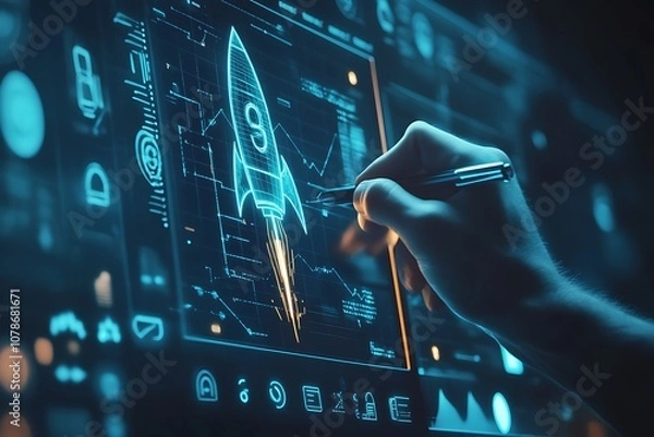 Obraz Businessman launching a transparent rocket icon, concept of startup business taking off and achieving success, represents the network connection, digital technology and connectivity in business world
