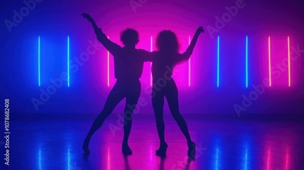 Fototapeta Silhouettes of two dancers against vibrant neon lights, celebrating movement and rhythm in a modern, lively setting.
