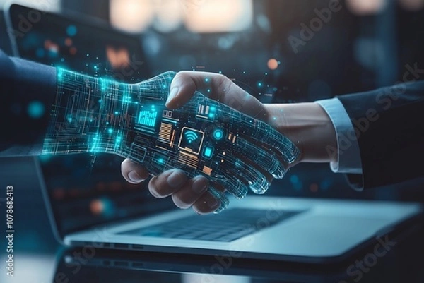 Obraz The Future of Business Emphasizing the Increased Importance of Collaboration Between Humans and Artificial Intelligence for Achieving Enhanced Efficiency, Productivity, and Growth in Various Sectors
