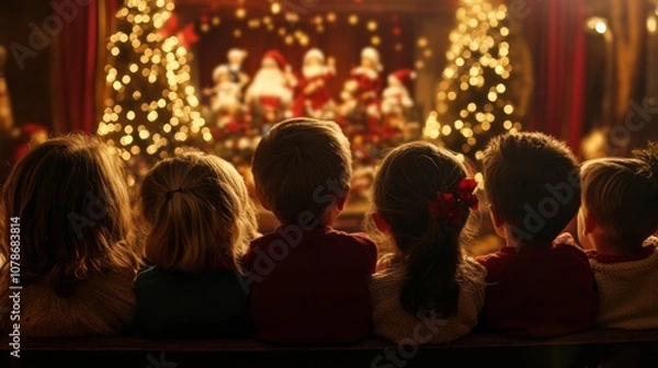 Fototapeta A group of children sit on a bench in front of a Christmas tree