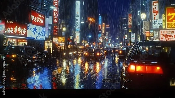 Fototapeta Anime-inspired glowing cityscape with futuristic architecture and neon lights