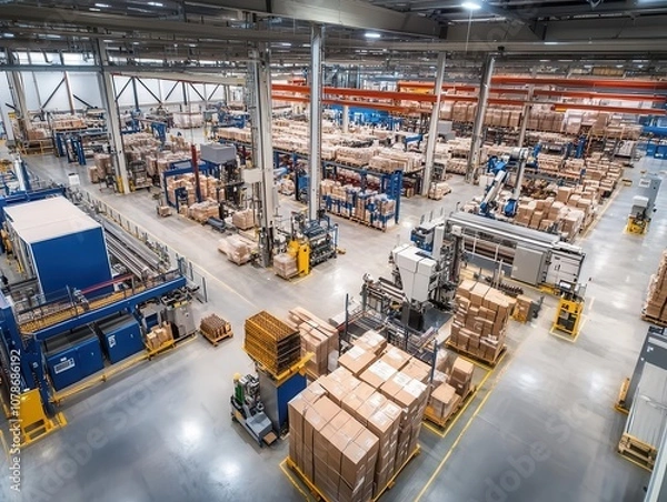 Fototapeta high-tech warehouse interior bustling with automated robots and conveyor systems efficiently managing goods, a testament to modern industrial innovation