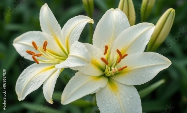 Fototapeta Beautiful white lilies with dew drops