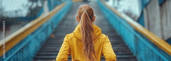 Fototapeta Rear view of a young female athlete running up stadium stairs as part of an endurance training workout. This image is ideal for designers, artists, and advertisers promoting fitness, athletic training