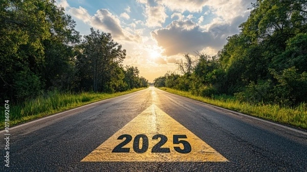 Fototapeta A scenic road leads towards the horizon, marked "2025," illuminated by the warm glow of the sunset, framed by lush green trees on either side.