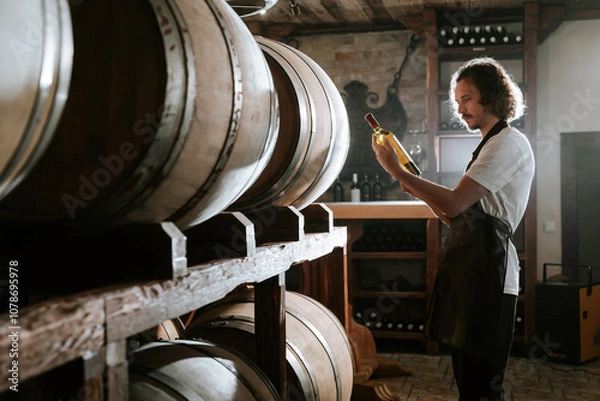 Fototapeta Winemaker Inspecting Bottle of White Wine in Cellar