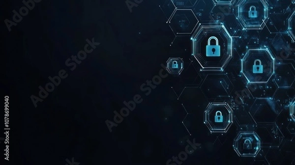 Obraz Abstract digital background with hexagon shapes and padlock icons for security and data protection.
