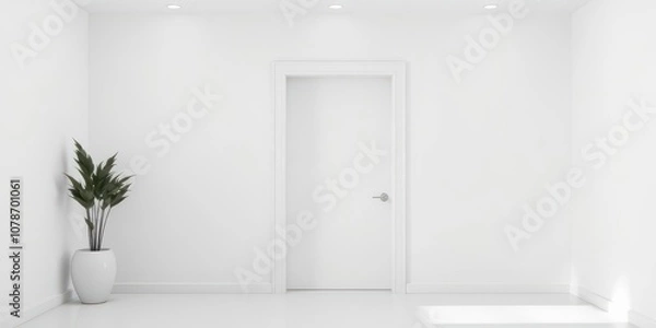 Fototapeta White open and closed doors with doorframe on white background, room, design, plain