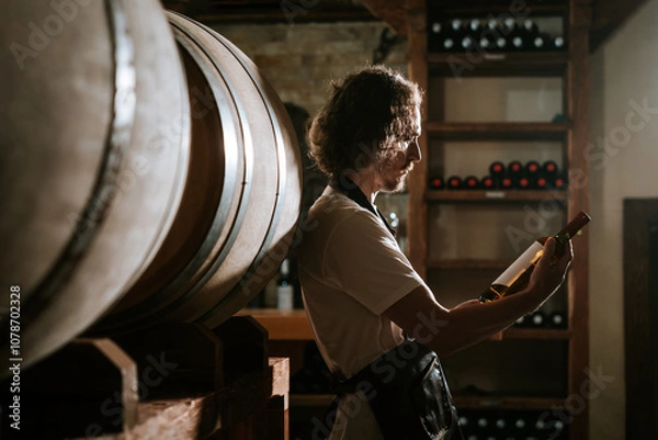 Fototapeta Winemaker Inspecting Bottle of White Wine in Cellar