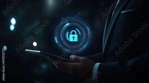 Obraz A businessman in a suit holds a tablet in front of a glowing blue padlock symbol, symbolizing cybersecurity and data protection.