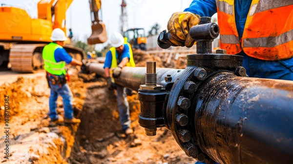 Fototapeta Construction Pipeline:  Close-up view of construction workers installing a large pipeline with an excavator in the background.  The image evokes a sense of industry and progress.  