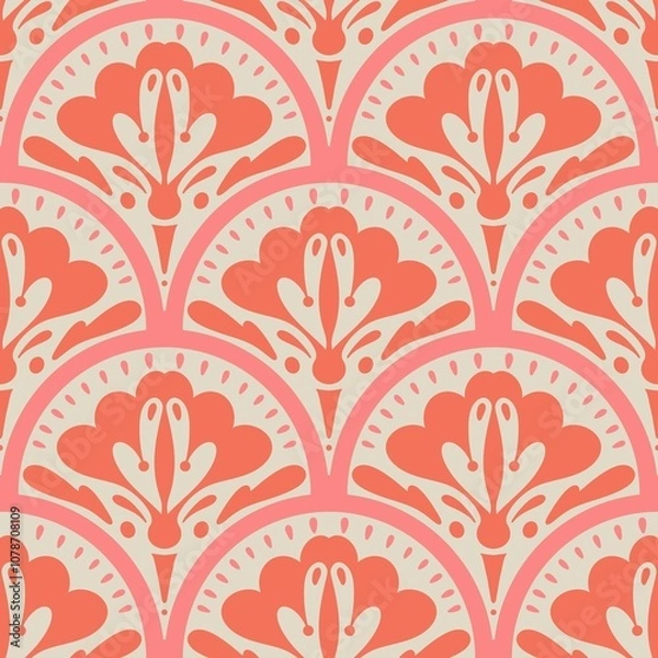 Fototapeta Scalloped floral seamless pattern. Hand drawn symmetrical flowers in calming orange and pink colors. Scallop half circle geometrical botanical ornament. Repeat allover backdrop 
