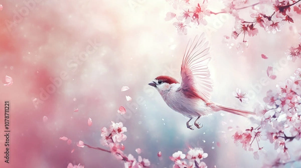 Fototapeta Sparrow on cherry blossom branch in spring