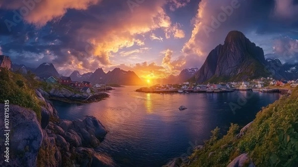 Fototapeta A picturesque village nestled between dramatic mountains, bathed in the golden light of a breathtaking sunset. The water is calm and reflects the fiery sky.