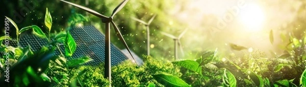 Fototapeta Renewable energy sources with solar panels and wind turbines in a lush green environment.