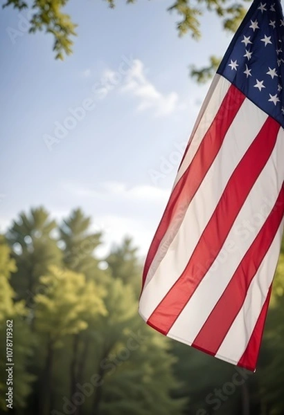 Fototapeta An American flag waving in the wind against a blurred natural background with trees