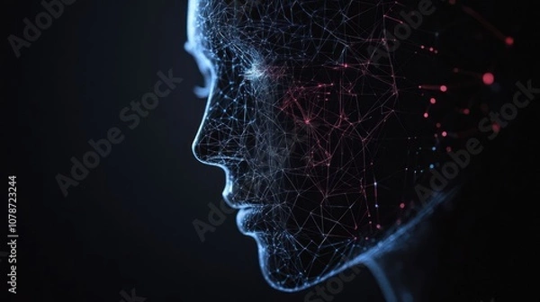 Obraz Abstract digital portrait of a woman's face made of interconnected lines and dots.
