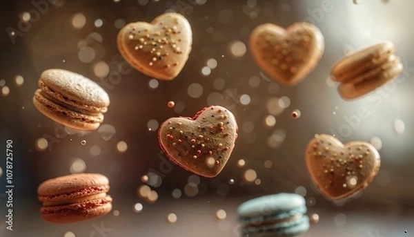 Fototapeta Colorful heart shape macaroons cake floating on the air isolated on background