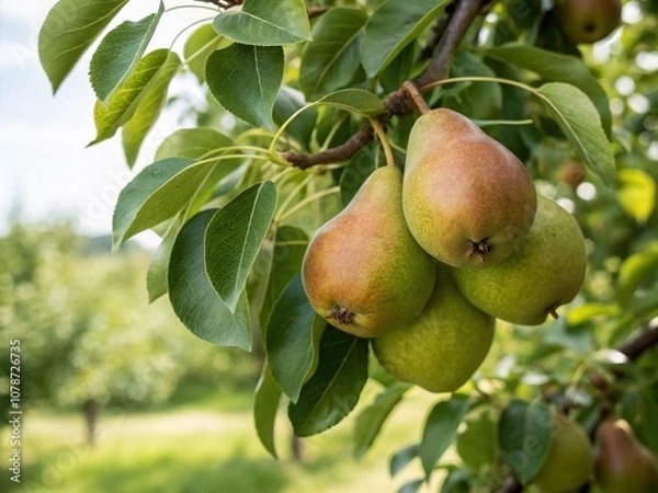 Fototapeta Close-Up of Juicy, Ripe Pears Hanging from Lush Green Branches in a Sunlit Garden, Showcasing Their Texture and Natural Beauty with a Soft Blurred Background