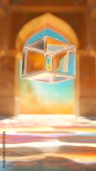 Fototapeta 透明な立方体が波打つ表面の上に浮かんでおり、背景にはアーチ型の出入り口のぼやけた背景があります。