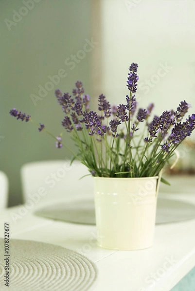 Obraz Lavender flowers in a vase, minimal still life. Interior of modern room with. copy space.