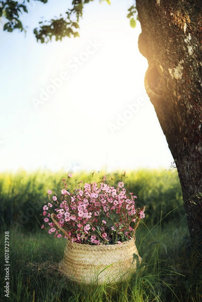 Obraz Bamboo basket  with beautiful pink flowers under the tree.  Beautuful sunny copy space. 