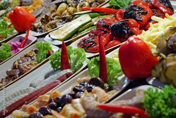 Obraz Various foods in supermarket deli - peppers, salads, sausages, potato and other