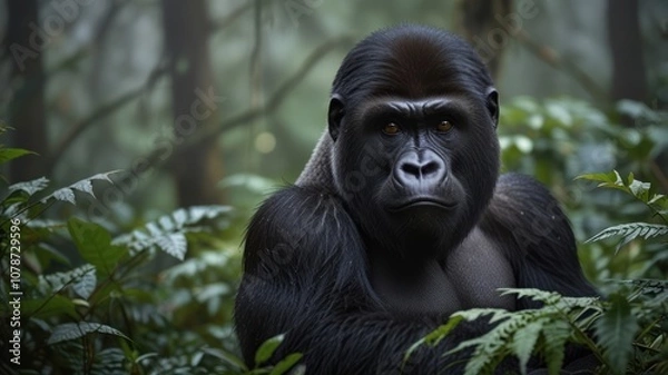 Fototapeta A powerful male gorilla stares intensely from the jungle.