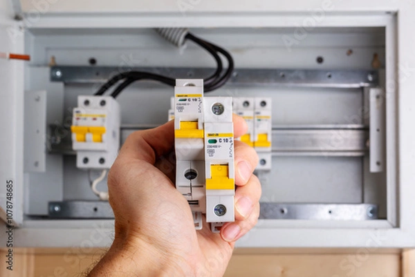 Fototapeta Hand holding two circuit breakers with yellow switches in front of a distribution box
