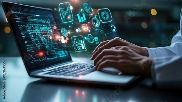 Fototapeta Medical professional using a laptop, with vibrant, glowing medical icons hovering in the background, symbolizing modern healthcare technology.