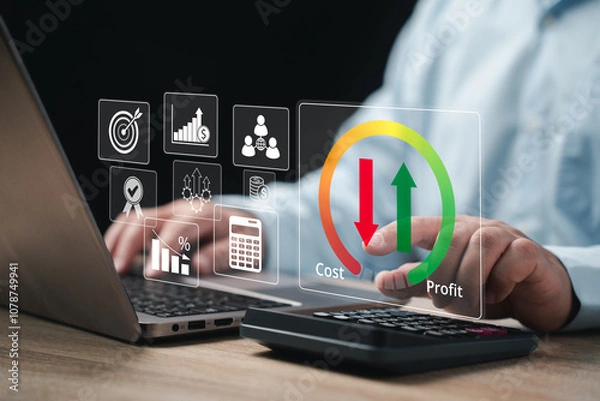 Obraz Cost and profit management, Cost reduction profit up, Businessman balance and business plan Company or industry payment analysis, Strategy company increase profit to success, Strategy company success